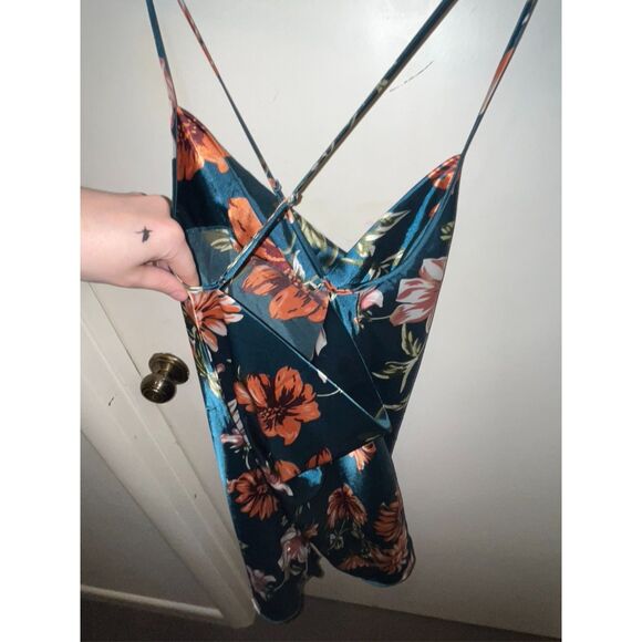 Women's Teal Floral Silk Adjustable Strap Open Back Drape Mini Night Dress - Picture 4 of 6